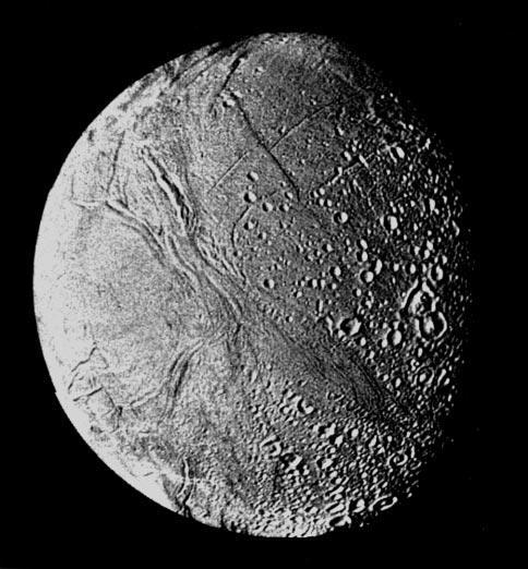 Figure 2: Photomosaic of Enceladus constructed from Voyager 2 images with resolutions of about 2 km/pixel. the satellite has a diameter of approximately 500 km.