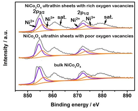 Figure S4. The Ni2p spectra for ultrathin NiCo 2 O 4 nanosheets with rich/poor oxygen vacancies and bulk counterpart.