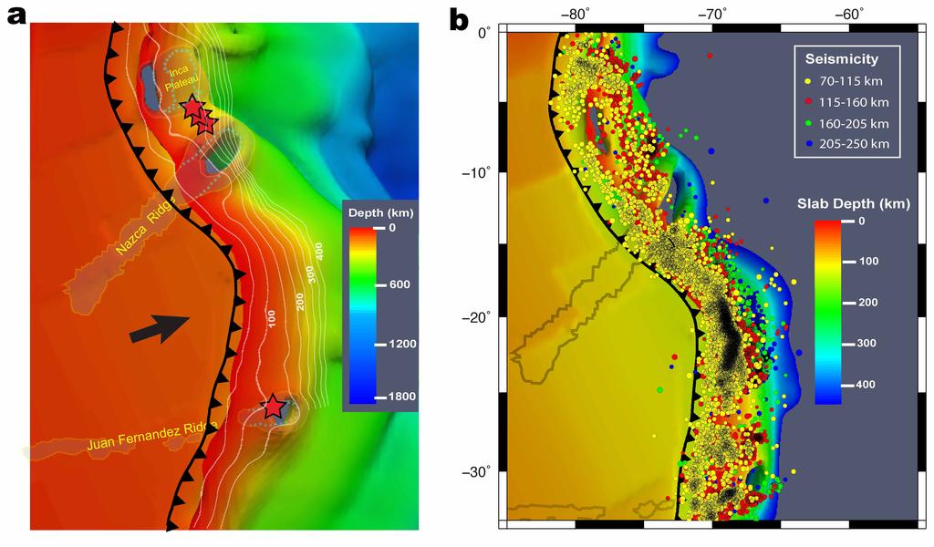 Figure 3. The geometry of the predicted present-day slab beneath South America and the Naca Plate west of the trench (outlined using an isotherm of 300 C cooler than the ambient mantle).