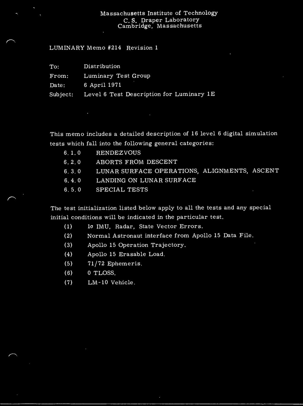 description of 16 level 6 digital simulation tests which fall into the following general categories: 6.1.0 RENDEZVOUS 6.2.0 ABORTS FROM DESCENT 6.3.0 LUNAR SURFACE OPERATIONS, ALIGNMENTS, ASCENT 6. 4.
