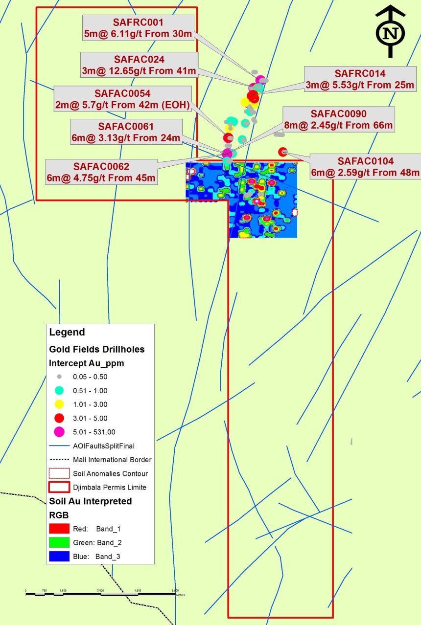 Djimbala Project Overview Situated within the Yanfolila Gold Belt Favourable host rocks Extension of Faliko Fodela structures with significant intersections from Gold Fields AC and RC drilling