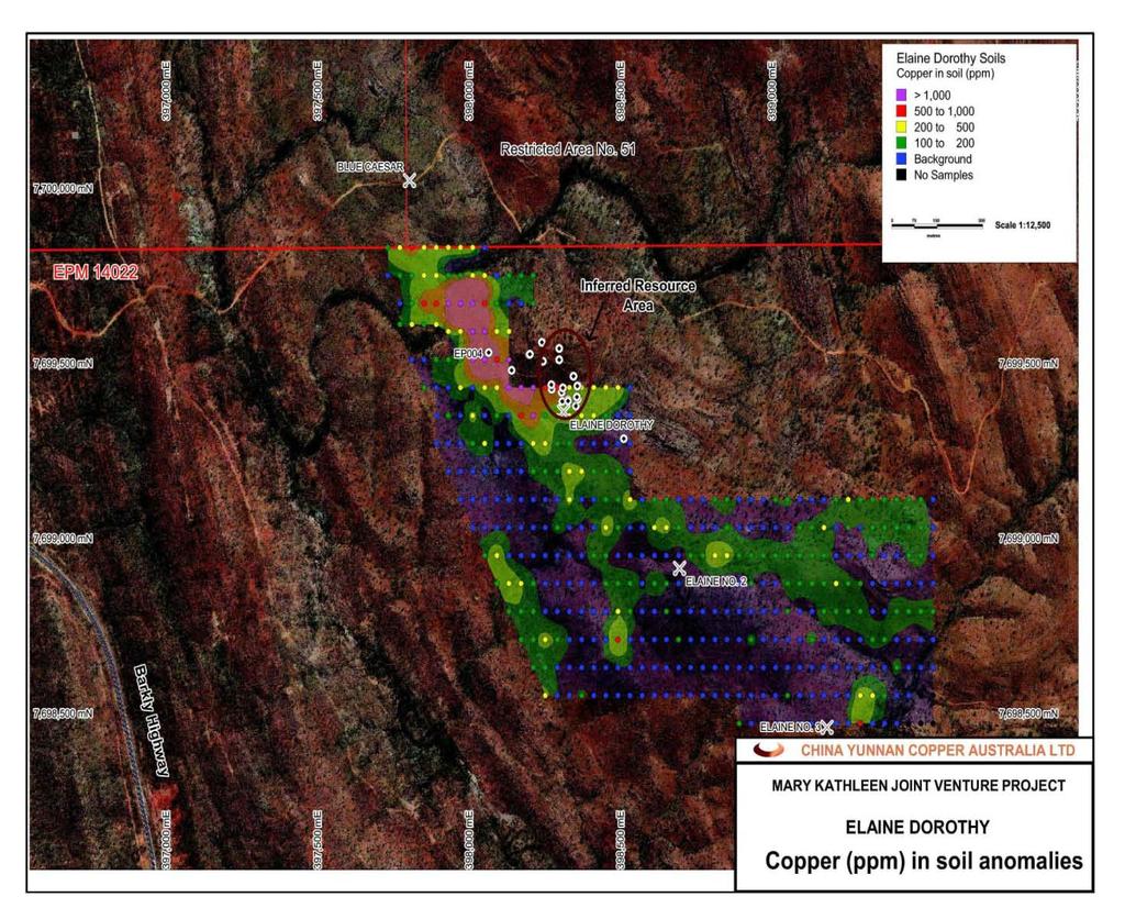 Figure 4: EPM 14022 Elaine Dorothy B Horizon 80# copper in soil geochemical anomaly centred on EP004 drilled in early 1980 s with non assayed sulphide intercept of 42 metres.