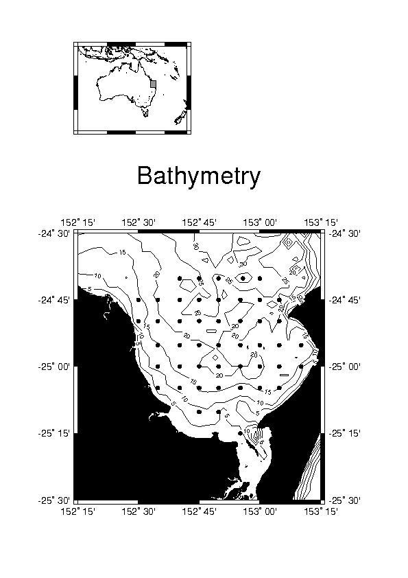 Figure 1: Location and bathymetry (m) of Hervey Bay surveyed
