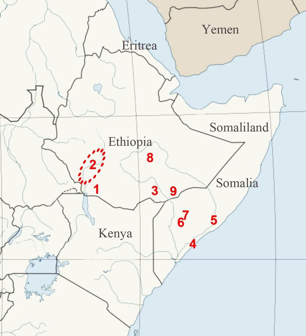 Kovařík et al.: Scorpions of Ethiopia. Uroplectes 9 Figure 41: Map showing the distribution of Uroplectes fischeri in Ethiopia (1 3, 8 9) and Somalia (4 7).