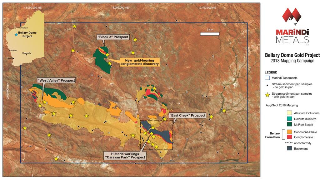 Bellary Dome Gold-Bearing Conglomerates ~30km strike length of exposed conglomerate sequences between Archean basement and Mt Roe Basalt Equivalent stratigraphic position to Purdys Reward/Comet Well