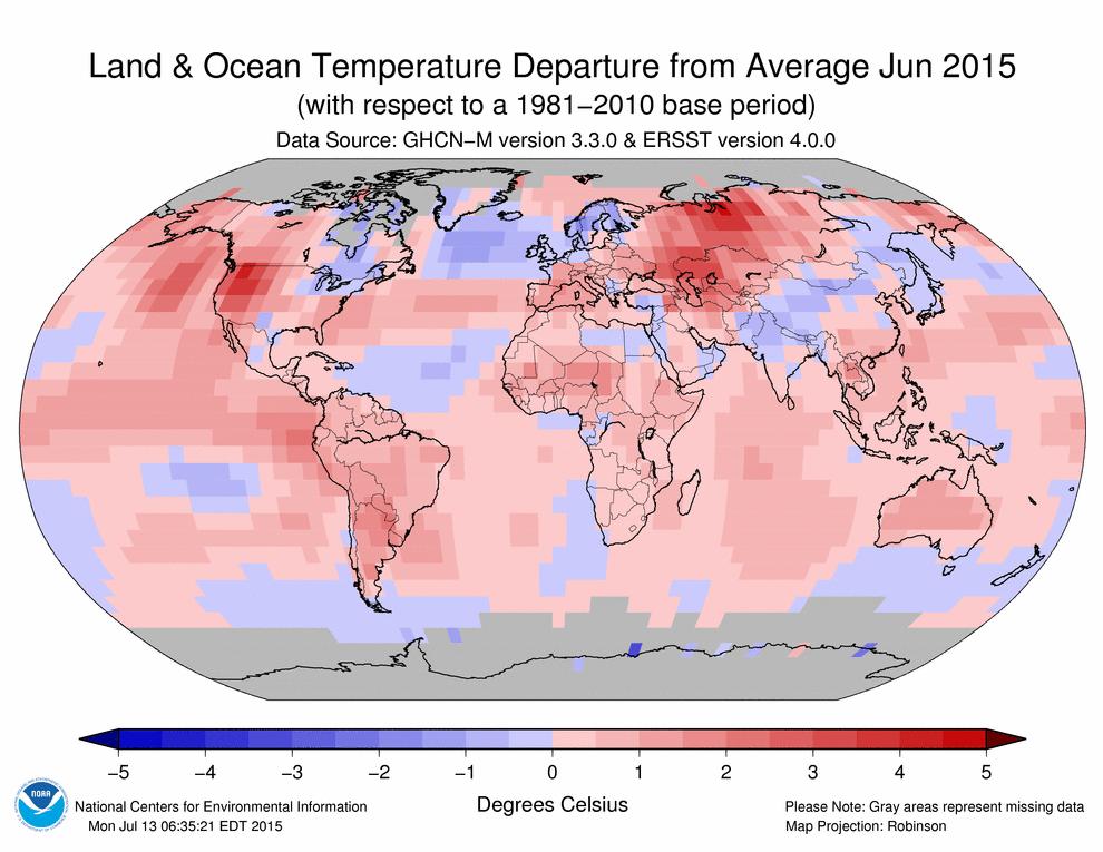 2015 Record breaking temperature anomalies June 2015 global temperature was the highest in 136 (since 1880) years reaching an average of 0.88 C above the 20 th century average.