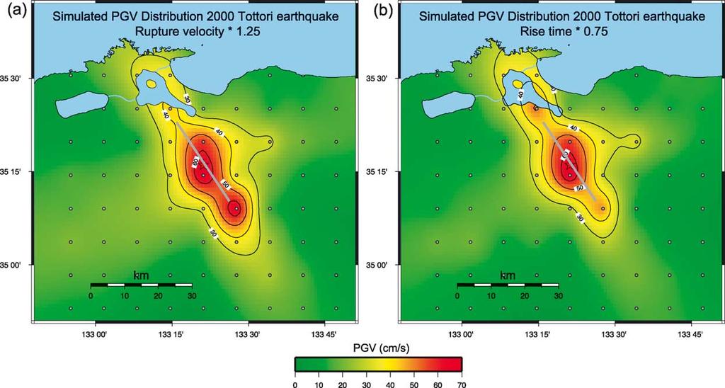 190 N. Pulido, T. Kubo / Tectonophysics 390 (2004) 177 192 A 25% increase in the rupture velocity resulted in an increase of up to 50% in the PGV distribution respect to the base model (Fig. 15a).