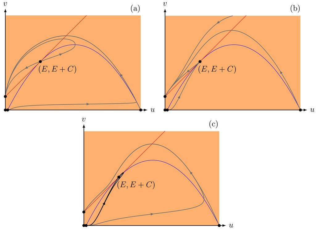 Figure 4: For C = 0.1, Q = 0.5, and M = 0.01676030 such that = 0 (7), system (5) has one equilibrium point (E, E + C) = (0.25833, 0.35833) of order two. (a) For S < S 2 = 0.