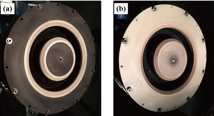 Figure 1. Two boundary conditions of the pole pieces in the 2-kW-class Hall thruster (No.1 configuration). The pole pieces were covered with (a) graphite, and (b) boron nitride. Table 1.