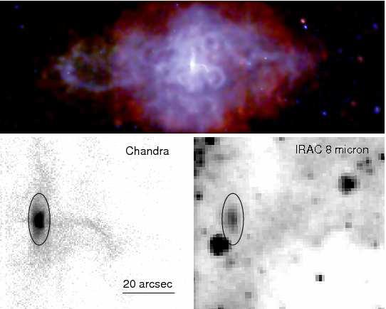 FIGURE 3. Upper: Chandra image of 3C 58 showing a complex of filamentary structures embedded in a large-scale nebula. The pulsar is at the center, accompanied by torus and jet-like structures.