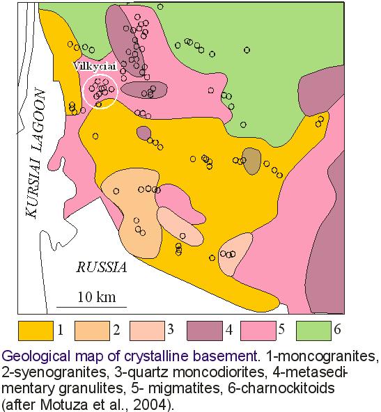 Geological map of the crystalline basement of Zemaiciu Naumiestis cratonic granitoid intrusions and