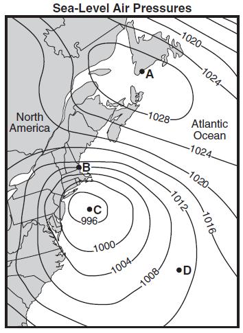 Base your answers to questions 36 and 37 on the map below, which shows sea-level air pressure, in millibars, for a portion of the eastern coast of North America.