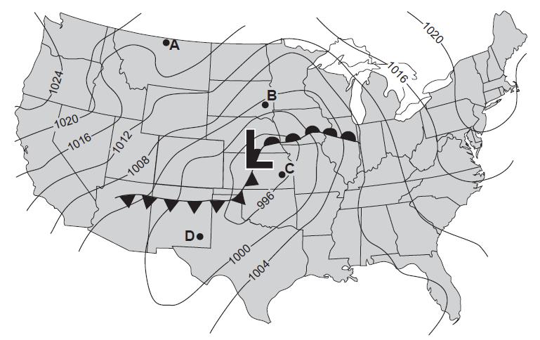 Base your answers to questions 125 through 128 on the weather map below, which shows a low-pressure system over the central United States. Isobars are labeled in millibars.