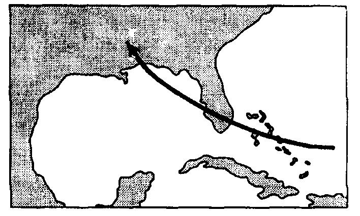 134. Which map shows the most likely track of this hurricane? A) B) C) D) 135.