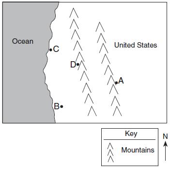 199. The map below shows the location of four cities, A, B, C, and D, in the western United States where prevailing winds are from the southwest. 200.