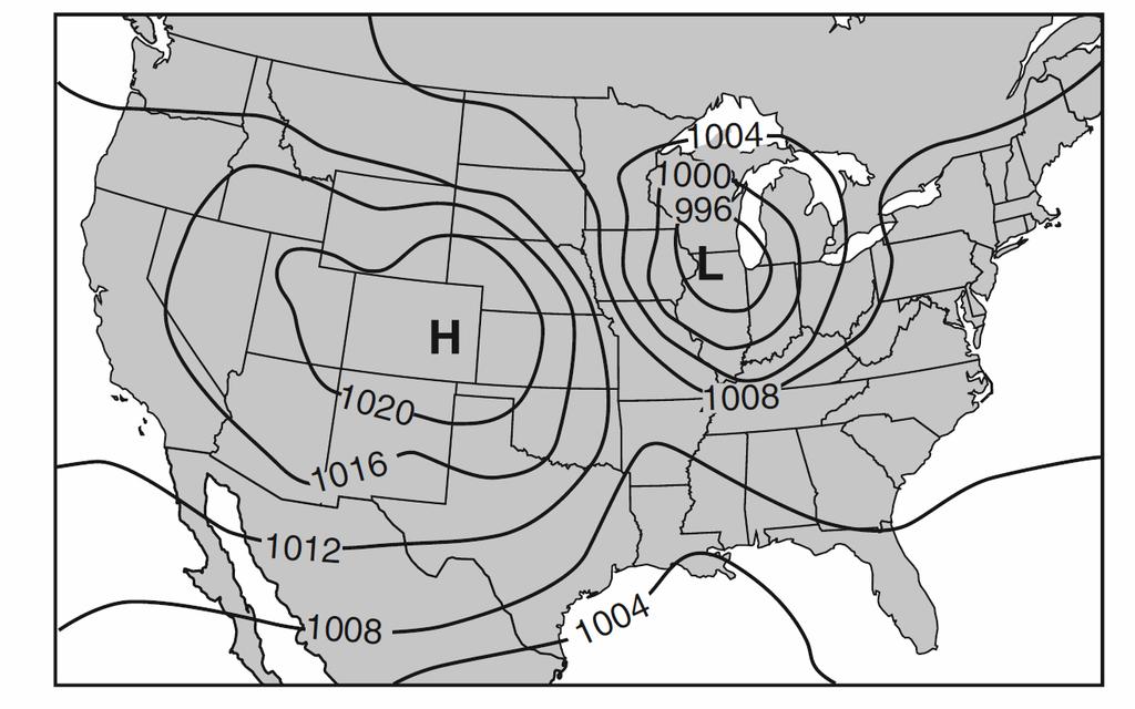 Base your answers to questions 10 through 13 on the weather map below, which shows the locations of a high-pressure