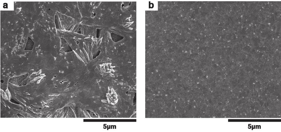 Figure S2. SEM image of MAPbI3 film fabricated a. without antisolvent and b. with antisolvent.