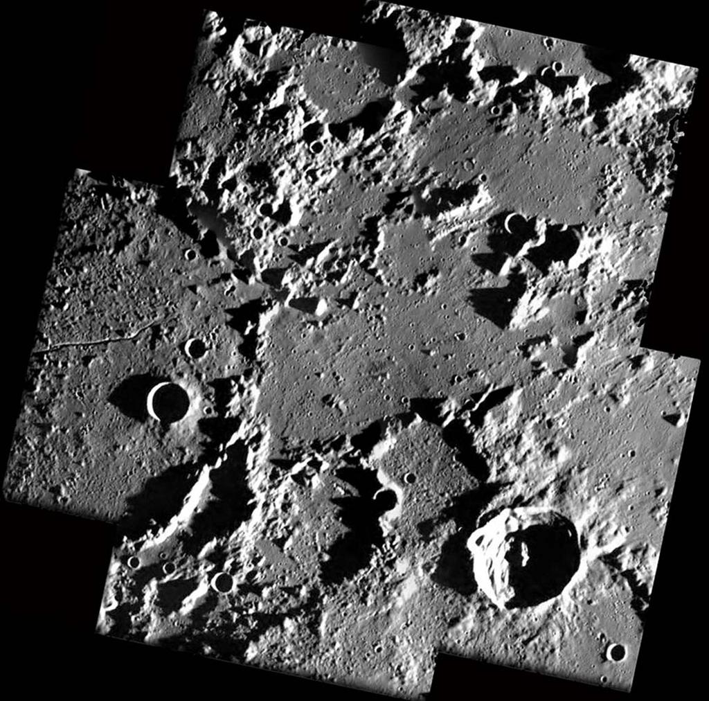 Fig. 11 : SMART-1 mosaic of area at the northern edge of Mare Frigoris (63 N, 17 E) between craters Mayer and Bond from images obtained on 5 and 6 February 2006 from 2700 km altitude.