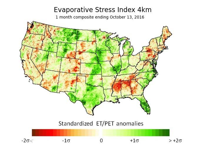 Evaporative Stress Index (ESI) Standardized anomalies in ratio of actual ET to reference ET Actual ET flux estimated from remote sensed
