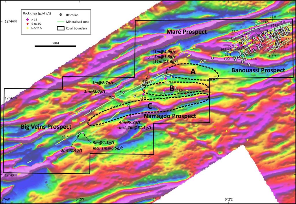 Figure 2. Location of prospects, rock chip samples and drill holes over an aeromagnetic image at Kouri.