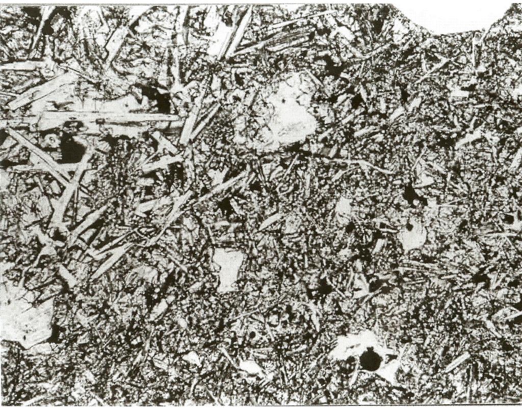 Figure 3: Photomicrograph of thin section 64567,9, showing subophitic texture. 2 mm across (from Ryder and Norman 1980).