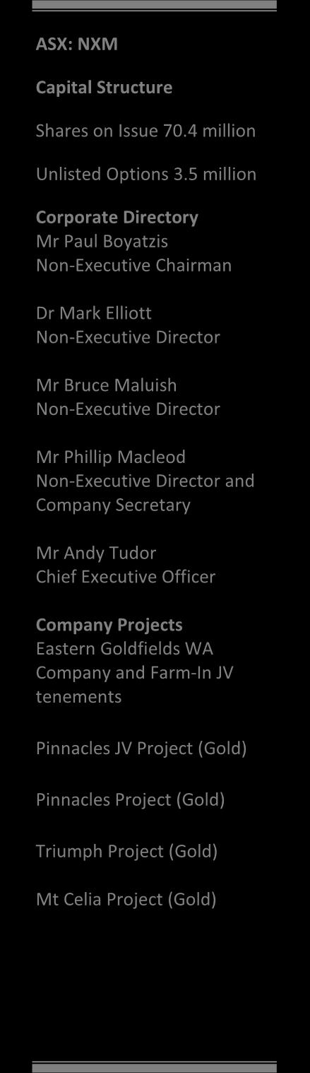 Company Secretary Mr Andy Tudor Chief Executive Officer Company Projects Eastern Goldfields WA Company and Farm-In JV tenements Pinnacles JV Project (Gold) Pinnacles Project (Gold) Triumph Project