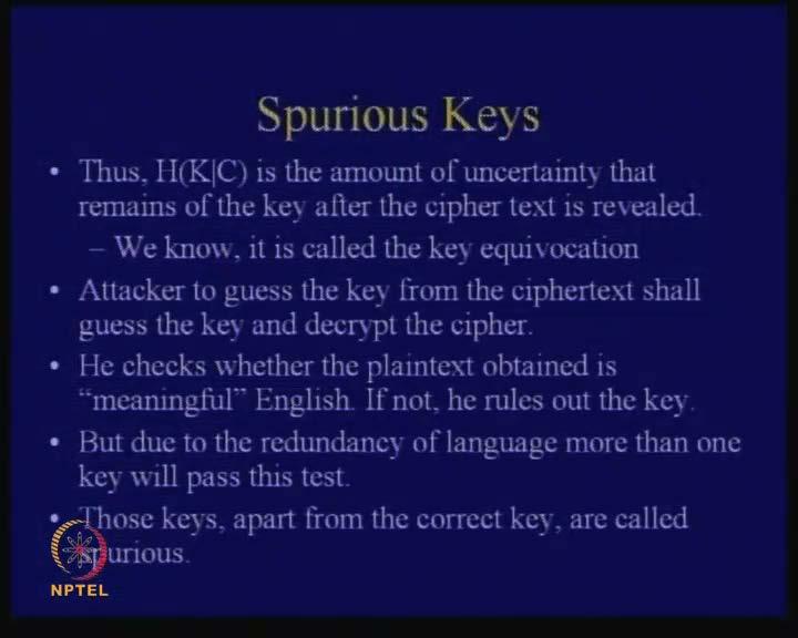 (Refer Slide Time: 06:36) So, HK given C is the amount of uncertainty that remains of the key after the ciphertext is revealed.