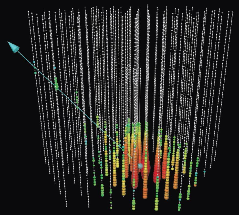 burst (GRB) At the neutrino interaction point (bottom), a large particle shower is visible, with a muon produced in the interaction leaving up and to the left.