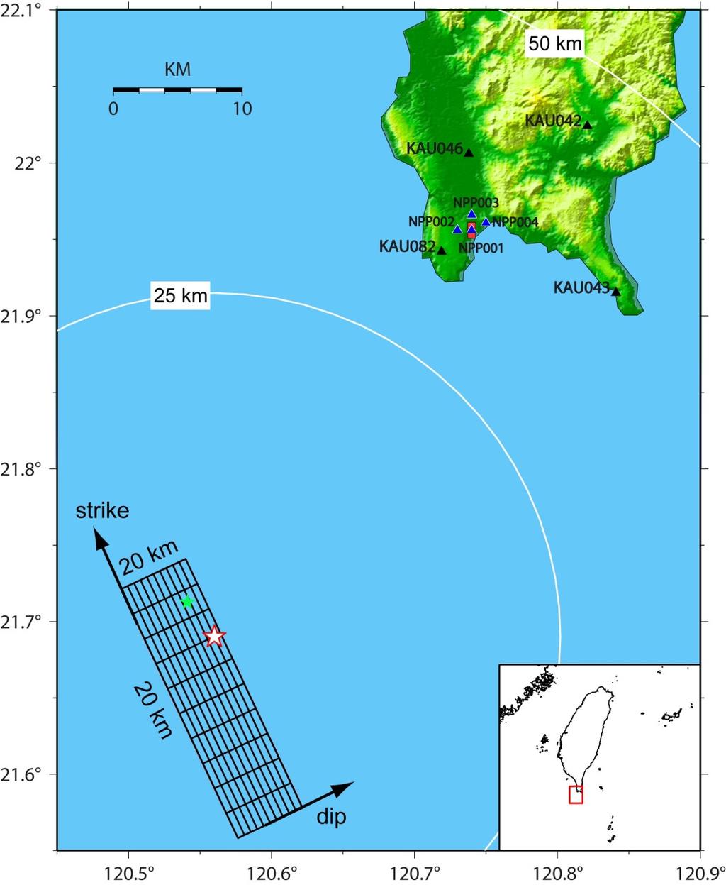 Source model of the 2006 Pingtung earthquake Best-fit source model with one asperity (20x20 km 2 ) is