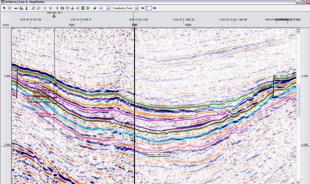SW NE Hidra Aptian Fan KCF Relinquished part of 205/26b Figure 7: NW-SE 3D arbitrary seismic line across the East Solan Basin showing interpreted presence and