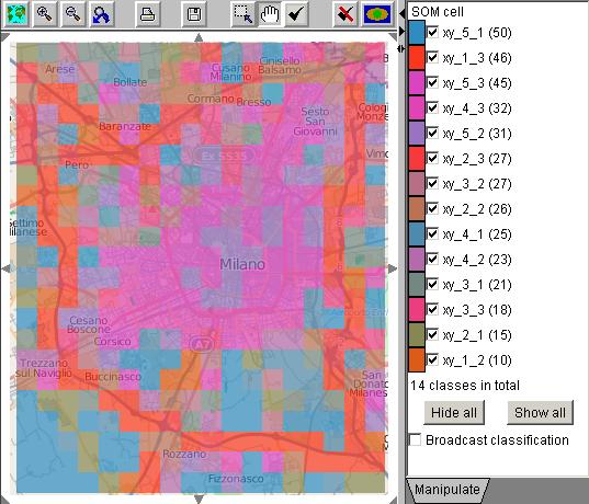 from the interval 5-6AM, the pixels are colored in light blue, which corresponds to the upper right corner of the matrix. The speeds are low almost throughout the whole city.