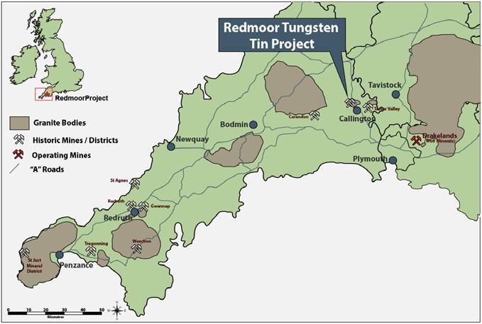 Redmoor Location and Ownership Redmoor Tin-Tungsten Project located in the world class Cornwall tin tungsten copper mineralised district Mining friendly region with Imerys (China clay) and Wolf