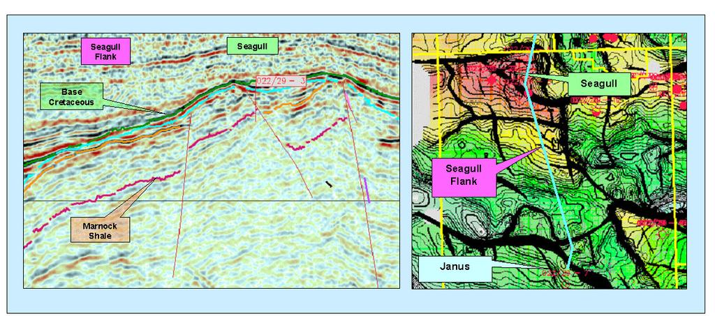 The Seagull Flank Prospect relies on the sealing capacity of the fault defining the northern limit of the lead and constituting the boundary between the lead and the Seagull discovery to the north