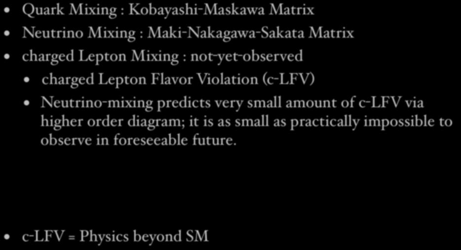 Lepton Flavor Mixing Quark Mixing : Kobayashi-Maskawa Matrix Neutrino Mixing :