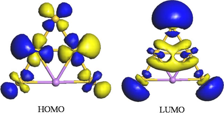 Appl Nanosci (2012) 2:359 364 363 exhibits the highest HOMO LUMO gap of 1.736 ev. The other triangular Au 5 Li cluster S 4 has a HOMO LUMO gap of 1.586 ev.