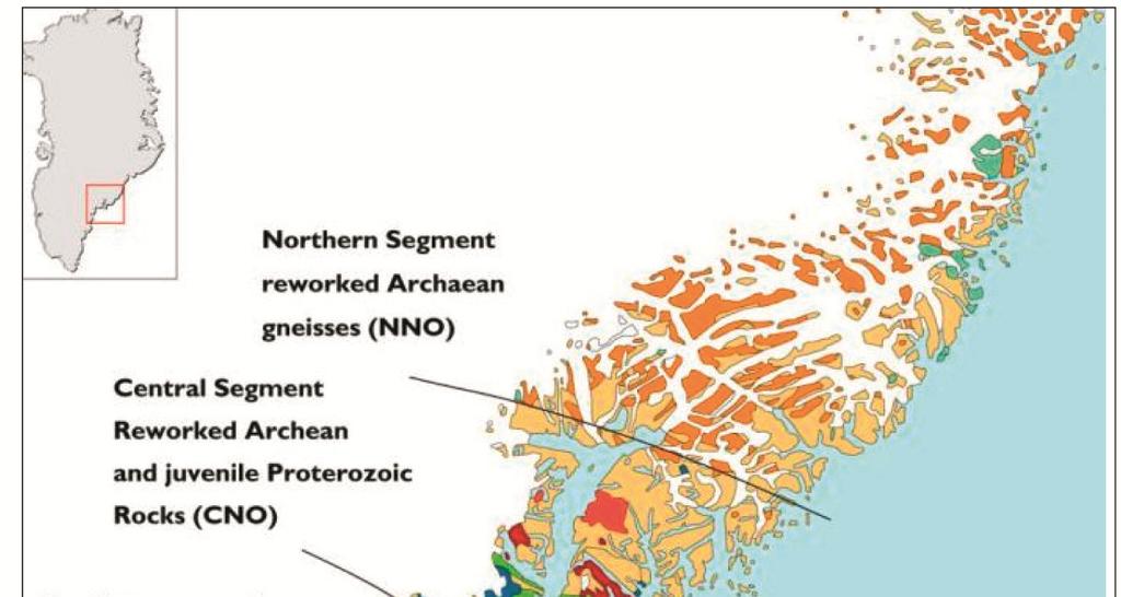 Geological map of the Ammassalik region and coastal stretch of southeast Greenland. The license area is located next to Tasiilaq within Palaeoproterozoic supracrustal rocks.