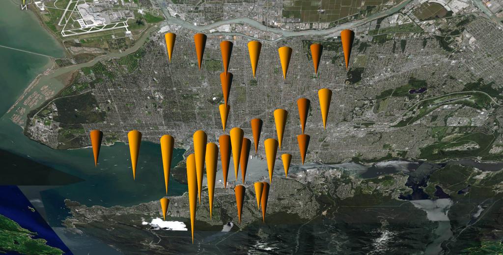 Population Density Hotspots for Vancouver, North and West Vancouver Areas of current high population density are represented by light orange cones, while areas with an anticipated high population