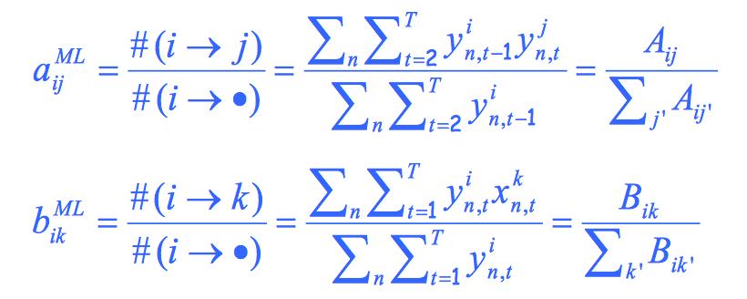 Example: HMM supervised ML estimation Given x = x1, x2,, xn for which the true state path y1, y2,, yn is known: