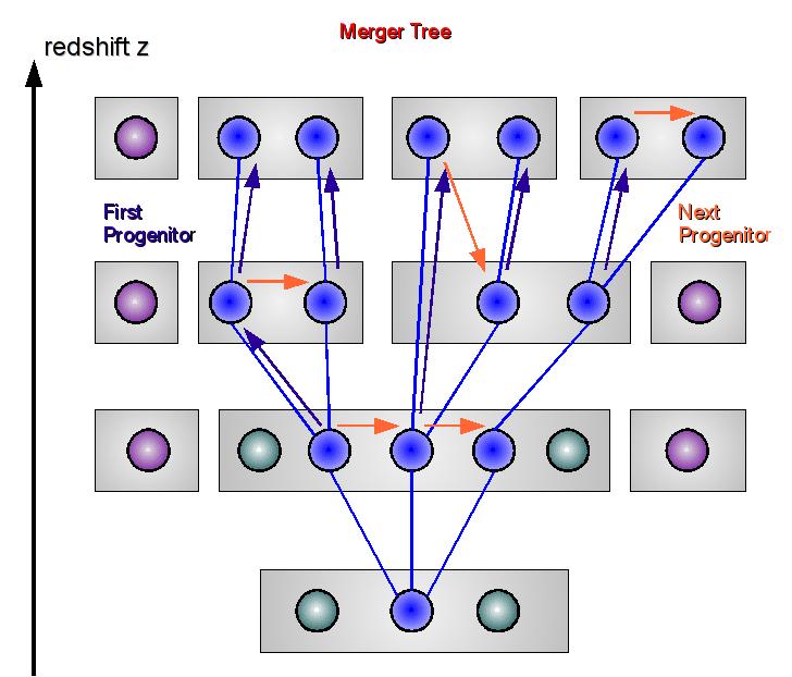 Merger Tree merging at each merger of two haloes a new halo is created with the identification number (ID) the mass of each halo involved in the merging process is recorded