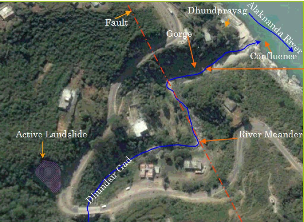 Figure 3: River meander of Dhundsir Gad at Dhundprayag (Image Source: googleearth.com) 4.5.