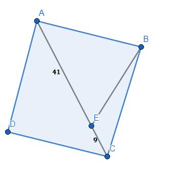 56. In the figure, ABCD is a rhombus. Point E is on the diagonal AC such that AE = 41, EC = 9 and measure of ABE = 90º. Find the area of this rhombus. 57.
