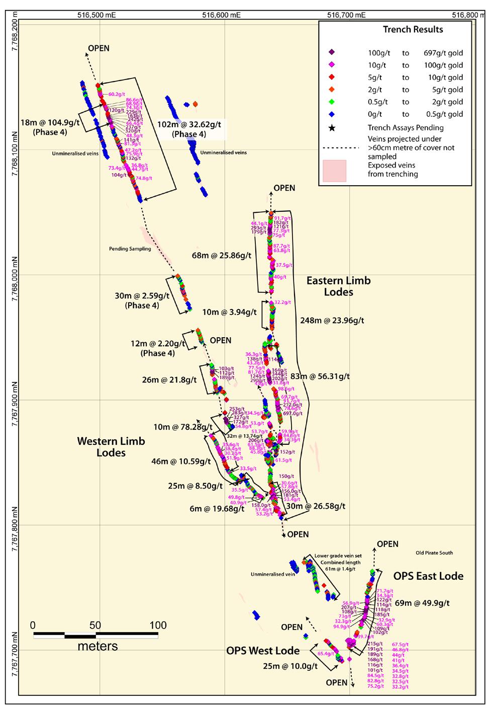Figure 1. Map view of 2011 bulk longitudinal trenching at Old Pirate.