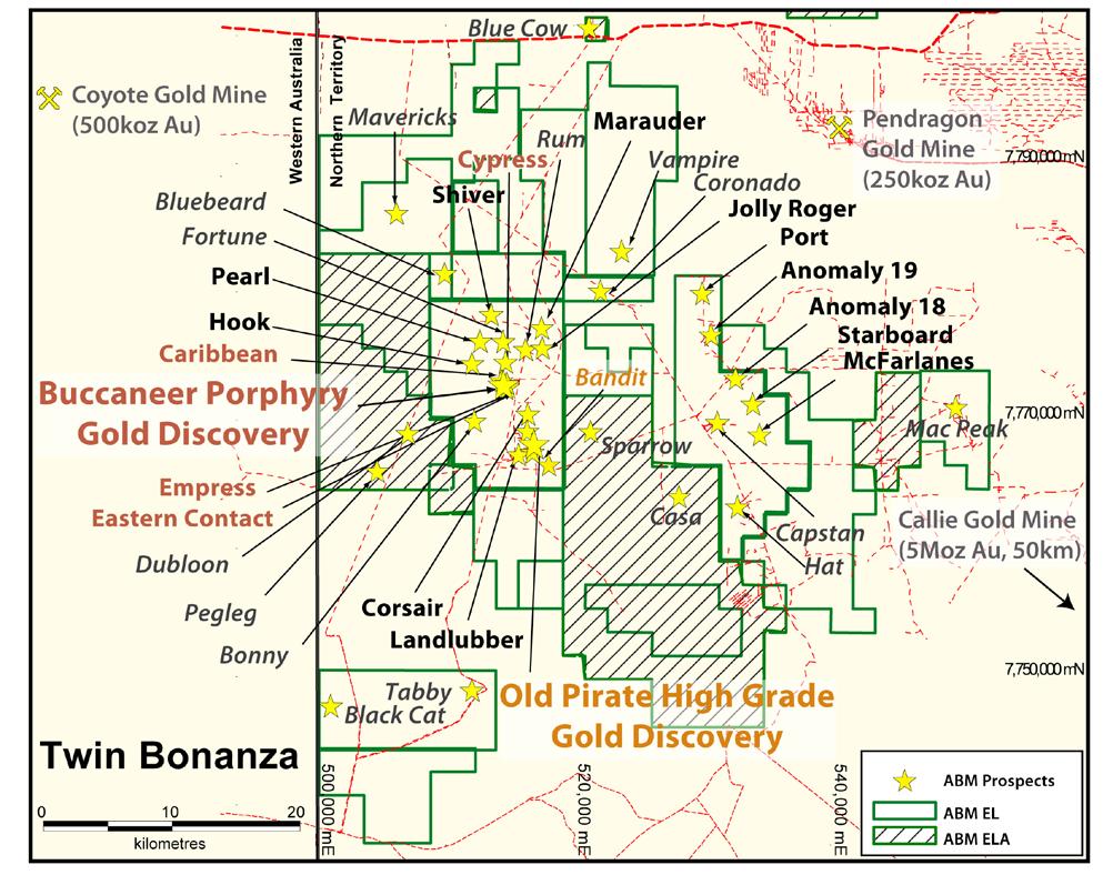 About the Twin Bonanza Gold Camp The Twin Bonanza Gold Camp is centred approximately 22 kilometres south of the Tanami Road and 14 kilometres east of the Western Australia Northern Territory border.