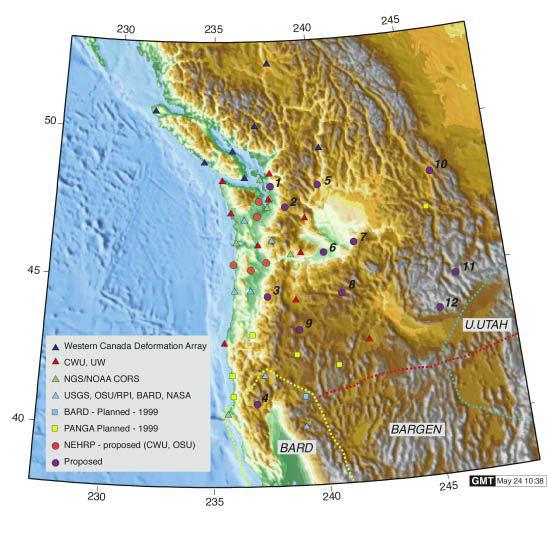 Figure 1. Updated (June, 1999) Pacific Northwest Geodetic Array (PANGA).