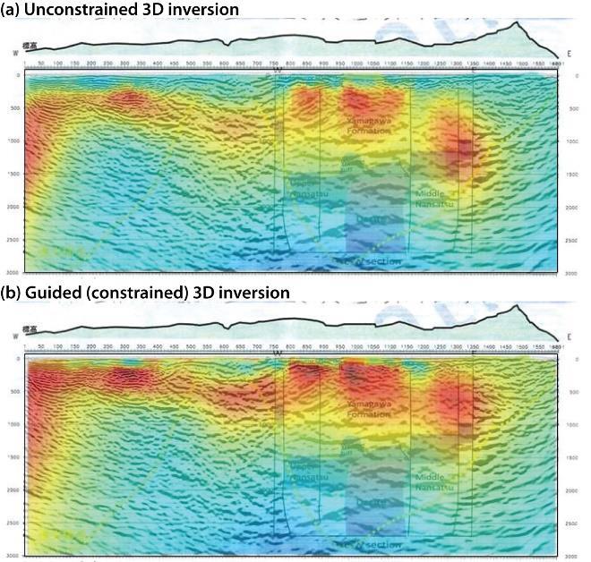 Figures 6 through 8 show vertical cross sections of 3D resistivity, density, and magnetization vector (magnitude) models recovered from unconstrained and seismically guided 3D inversions.