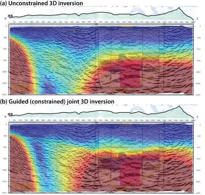 Figure 8: Vertical cross sections of 3D magnetization vector (magnitude) model recovered from unconstrained joint 3D inversion (top) and from seismically guided joint 3D inversion (bottom).