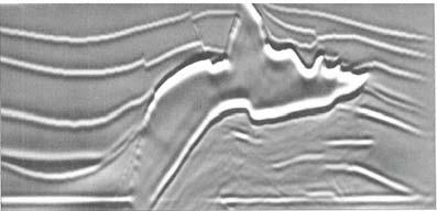 Figure 2: (left) Example of a salt dome in the earth, surrounded by layers of different soil compositions. (right) Seismic image of the same salt dome.
