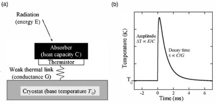 Semiconductor microcalorimeter Measured increase in temperature by absorption of ionizing radiation Orders of 10 10 K Absorber coupled to thermometer, weak