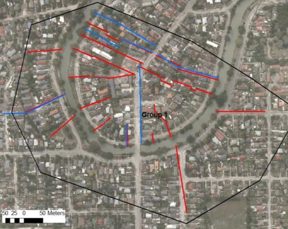 Location of lateral spreading transects within selected area of Dallington, Avonside, and Wainoni (red lines correspond to 2010 Darfield data, blue lines correspond to 2011 Christchurch data) The