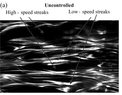 typical images of instantaneous flow structure (y + = 4) show the high- and low-speed streaks without control (Fig. 5a).
